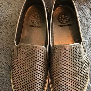 TORY BURCH SILVER SLIP ONS